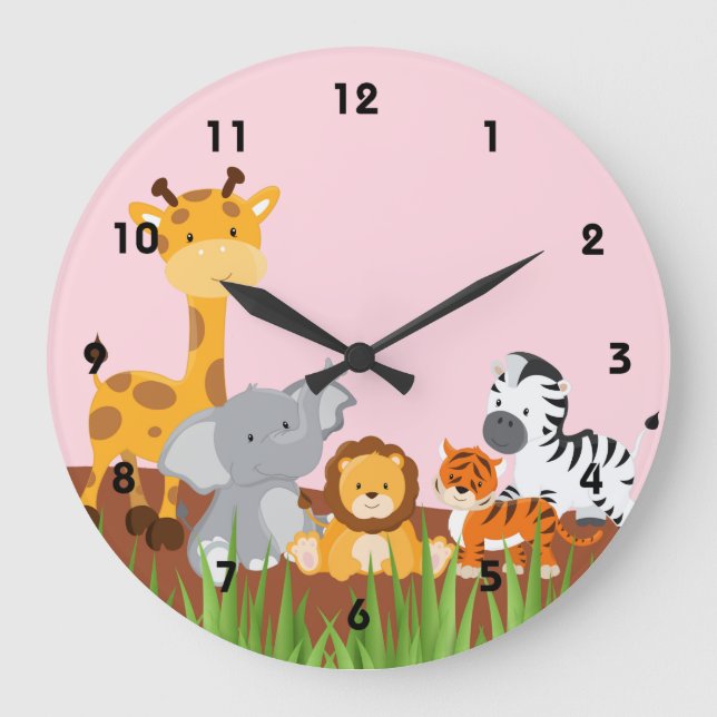 Pink Cute Jungle Baby Animals Wall Clocks (Front)