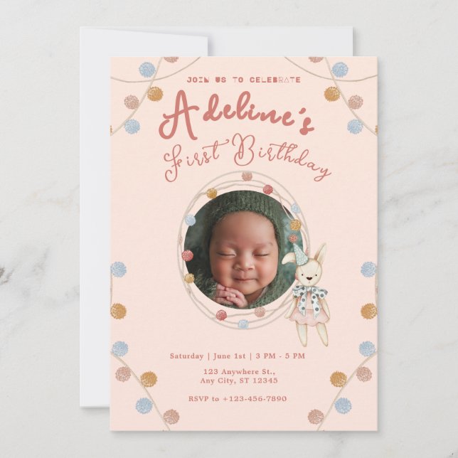 Pink cute kids birthday invitation (Front)