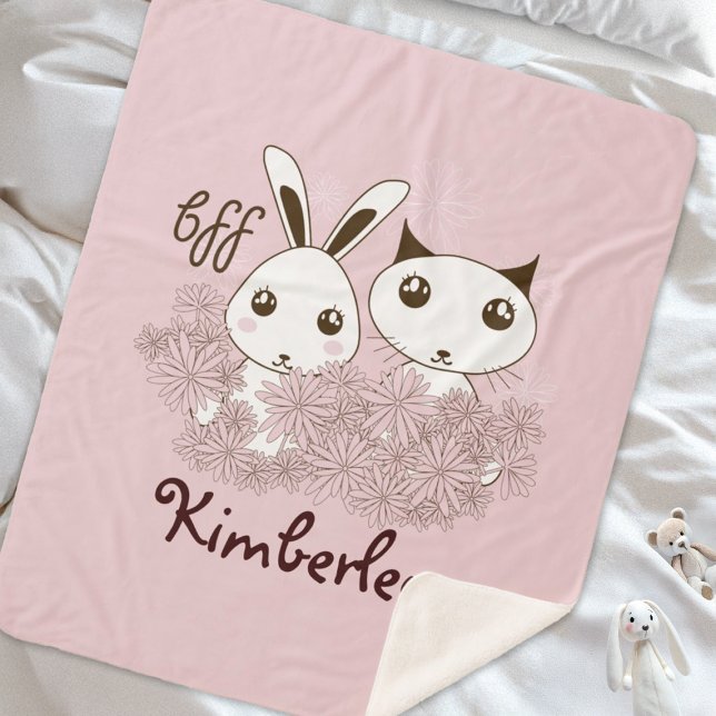Pink Cute Kitten Bunny Animal Friends Girls Kids Sherpa Blanket (Creator Uploaded)