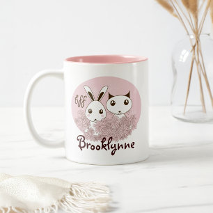 Pink Cute Kitten Bunny Animal Friends Girls Kids Two-Tone Coffee Mug
