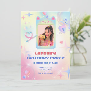 Pink cute kitten photo frame y2k birthday invitation