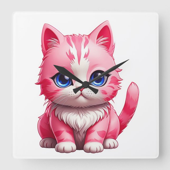 Pink Cute Kitty Cat Square Wall Clock (Front)