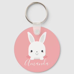 Pink Cute Little Bunny Rabbit with Custom Name Key Ring