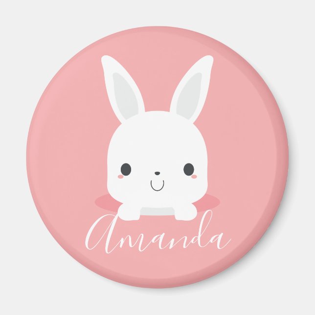 Pink Cute Little Bunny Rabbit with Custom Name Magnet (Front)