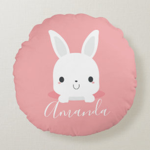 Pink Cute Little Bunny Rabbit with Custom Name  Round Cushion