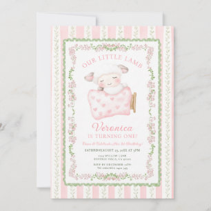 Pink Cute Little Lamb First Birthday Girl Floral Invitation
