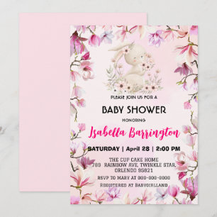 Pink Cute lovely bunny flowers baby shower kids Invitation