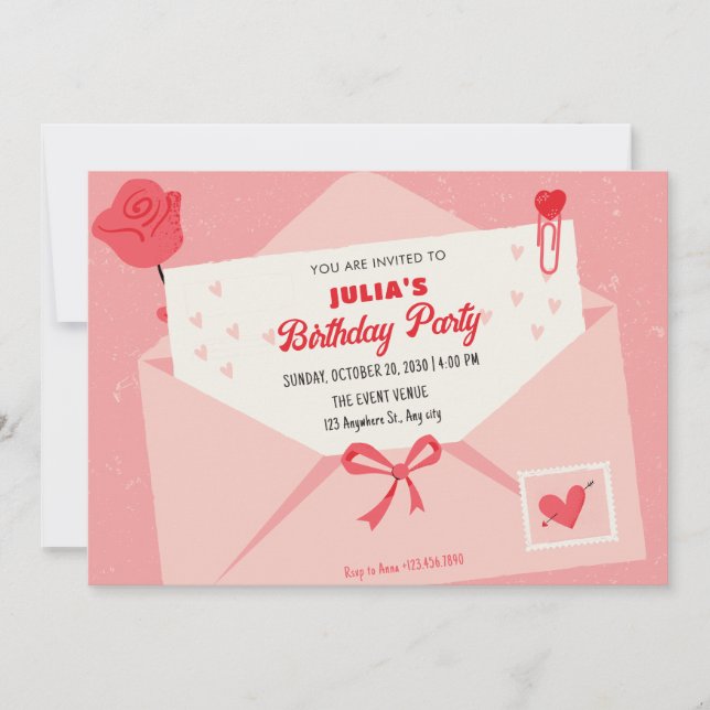 Pink cute lovely letter birthday invitation (Front)