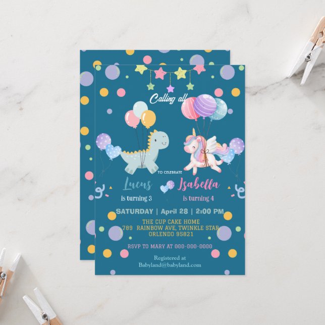 Pink Cute Magical Unicorn dinosaurs Birthday party Invitation (Front/Back In Situ)