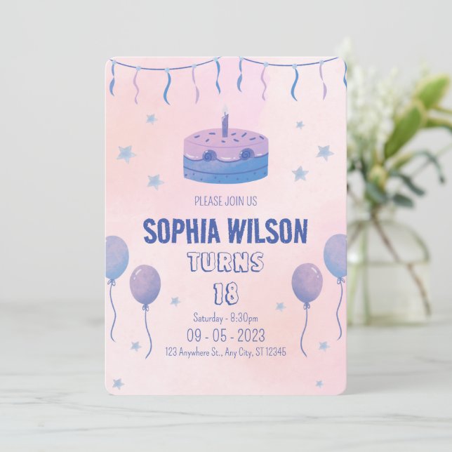 Pink Cute Minimalist Birthday Invitation (Standing Front)