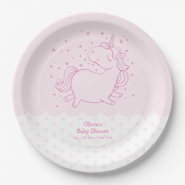 Pink Cute Modern Polka Dot Unicorn Baby Shower  Paper Plate (Front)