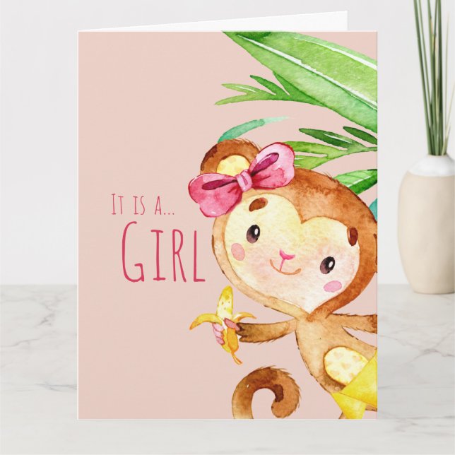 Pink Cute Monkey Baby Girl Announcement (Front)