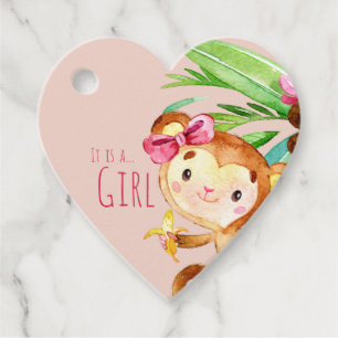 Pink Cute Monkey Baby Girl Announcement Favour Tags