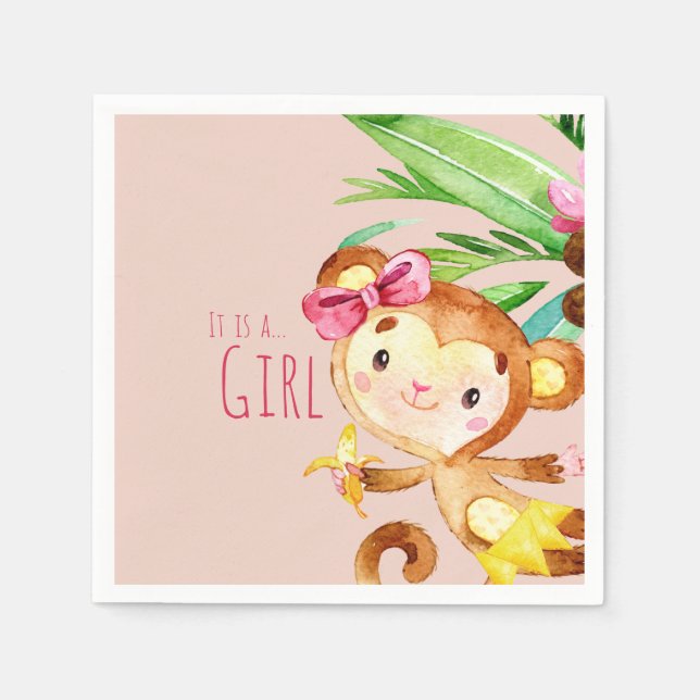 Pink Cute Monkey Baby Girl Announcement  Napkin (Front)