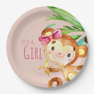 Pink Cute Monkey Baby Girl Announcement Paper Plate