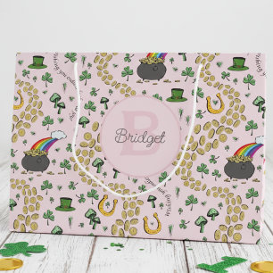 Pink Cute n' Curvy Shamrocks Baby Name St Patricks Large Gift Bag