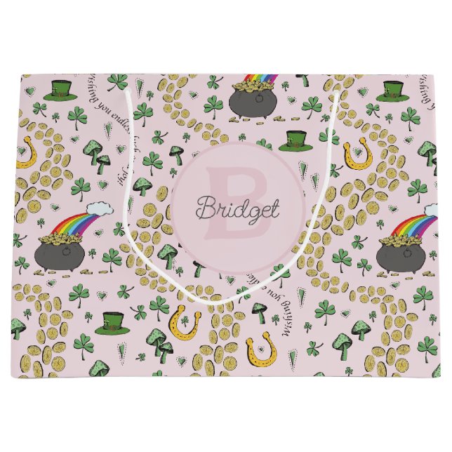 Pink Cute n' Curvy Shamrocks Baby Name St Patricks Large Gift Bag (Front)