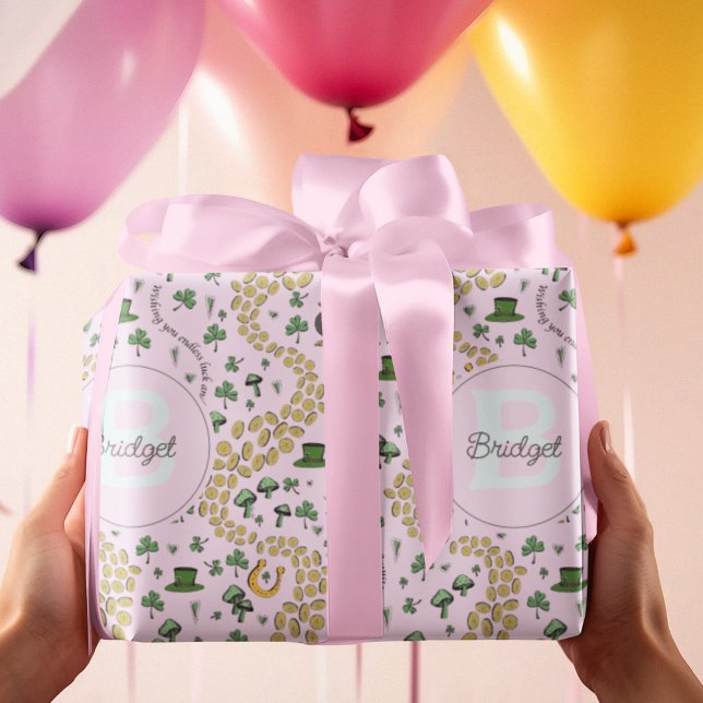 Pink Cute n' Curvy Shamrocks Girl Name St Patricks Wrapping Paper (Original St Patricks Day pattern. Click on "Personalize" & follow the text prompts to make it yours!)