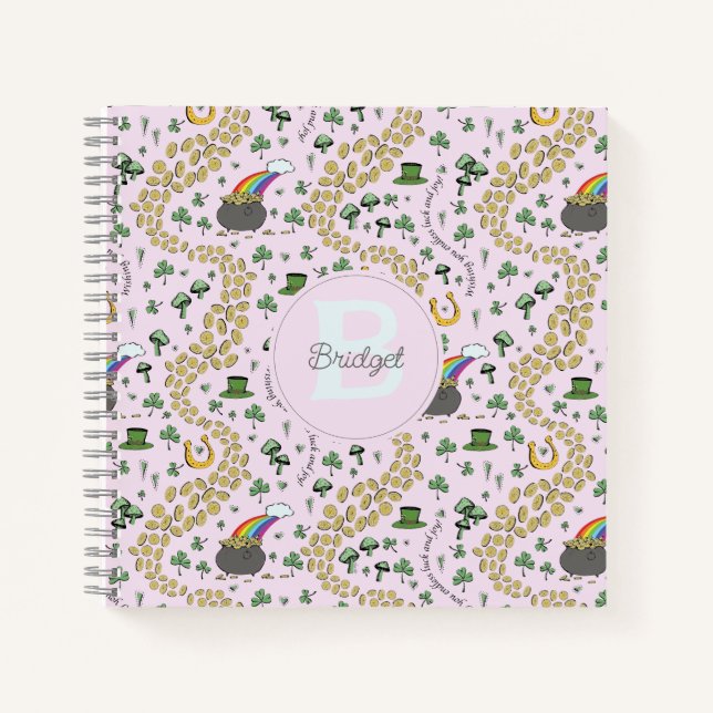 Pink Cute n' Curvy St Patricks Day Shamrocks Name Notebook (Front)