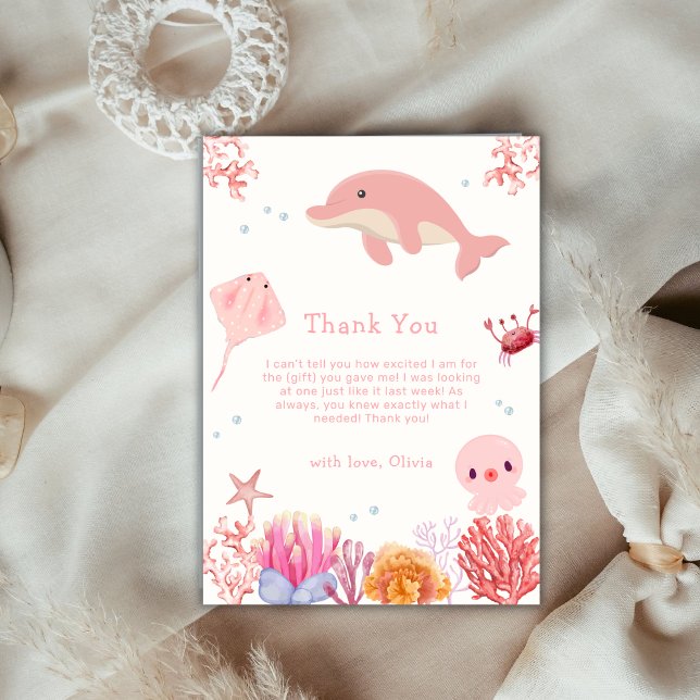 Pink Cute Ocean Dolphin Girl Baby Shower  Thank You Card (Pink Cute Ocean Dolphin Girl Baby Shower Thank You Card)