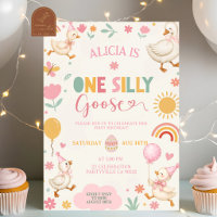 Pink Cute ONE Silly Goose birthday invitation
