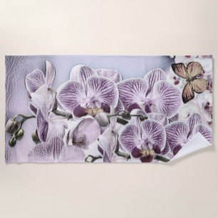Pink cute orchid flowers and butterfly drawing beach towel