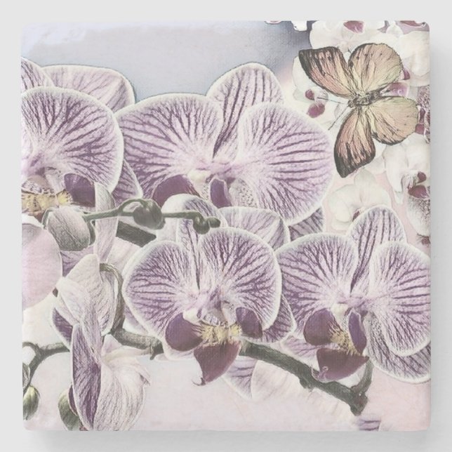 Pink cute orchid flowers and butterfly drawing  stone coaster (Front)