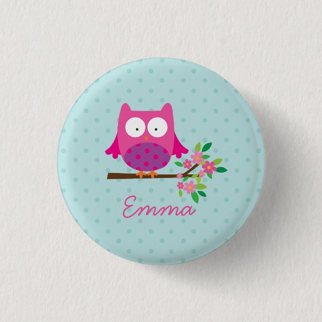 Pink Cute Owl Personalised Button (Front)