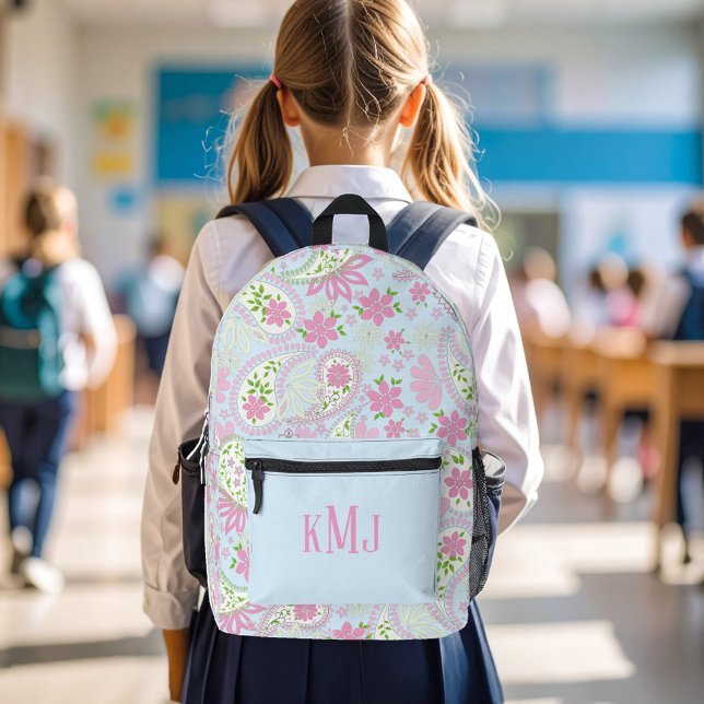 Pink Cute Paisley Monogram Blue Personalised Printed Backpack (Pink and blue paisley pattern monogram backpack)