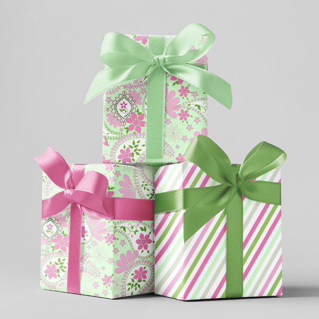 Pink Cute Paisley Print Pattern Wrapping Paper Sheet (Pink and lime green paisley print wrapping paper.)