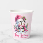 Pink Cute Penguin Custom Name Merry Christmas Paper Cups<br><div class="desc">These girly pink Christmas paper cups with a cute penguin,  a tiny snowman,  and festive greenery features a Merry Christmas saying and a template for your Family name to personalise them for the Xmas party.</div>