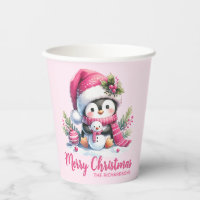 Pink Cute Penguin Custom Name Merry Christmas