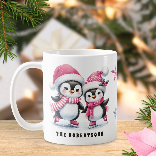 Pink Cute Penguins Ice Skating Family Christmas Coffee Mug (Creator Uploaded)