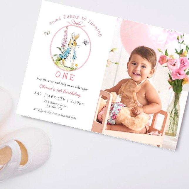 Pink Cute Peter Rabbit  1st birthday Photo Invitation (Creator Uploaded)