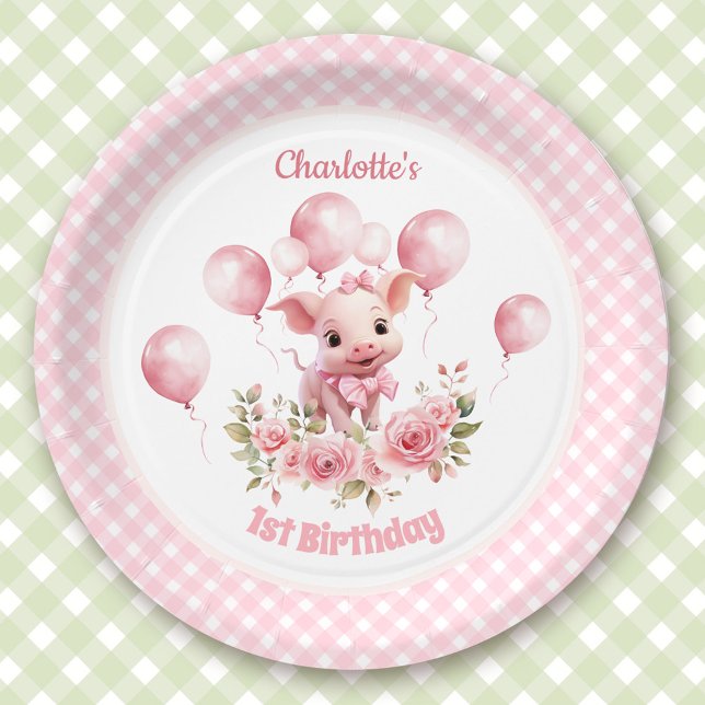 Pink Cute Pig Farm Girl 1st Birthday Paper Plates (Cute Piggy Pink Farm Themed 1st Birthday Party Paper Plates)