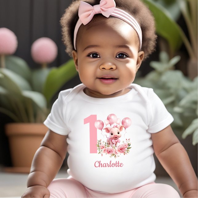 Pink Cute Pig Girl Farm 1st Birthday Baby T-Shirt (Pink Cute Pig Girl Farm 1st Birthday Baby T-Shirt)