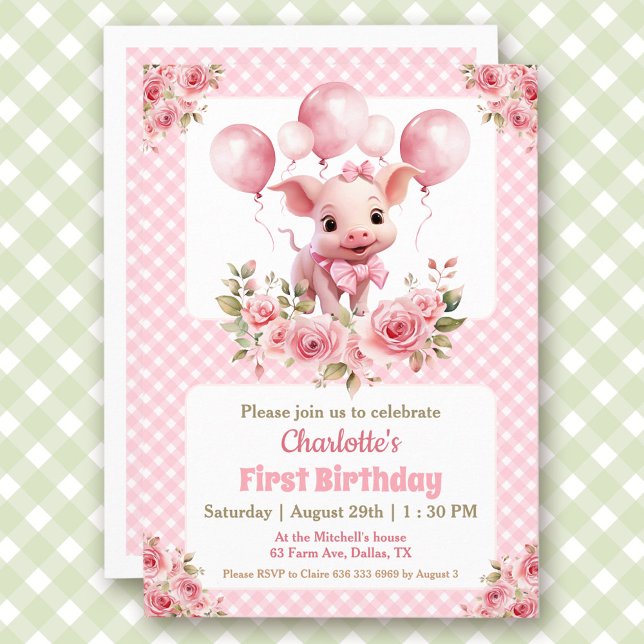 Pink Cute Piggy Farm Themed Girl 1st Birthday Invitation (Pink Cute Piggy Farm Themed Girl 1st Birthday Invitation)