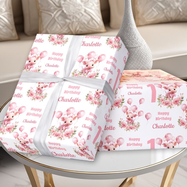 Pink Cute Piggy Farm Themed Girl 1st Birthday Wrapping Paper (Pink Cute Piggy Farm Themed Girl 1st Birthday Wrapping Paper)