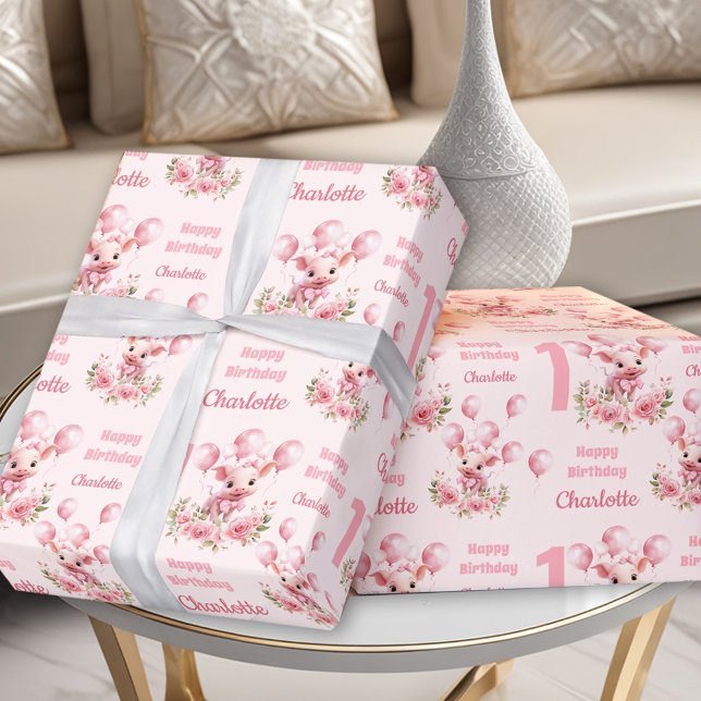 Pink Cute Piggy Pink Farm Girl 1st Birthday Wrapping Paper (Pink Cute Piggy Pink Farm Girl 1st Birthday Wrapping Paper)