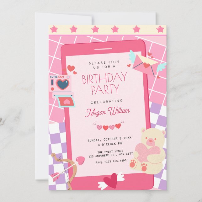 Pink cute playful birthday invitation (Front)