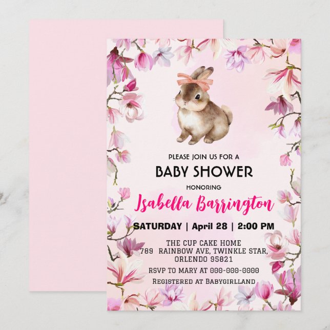 Pink Cute rabbit bunny flowers baby shower girls Invitation (Front/Back)