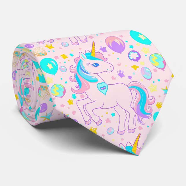 Pink Cute Rainbow unicorn birthday girls  kids Tie (Rolled)