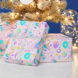 Pink Cute Rainbow unicorn birthday girls kids Wrapping Paper
