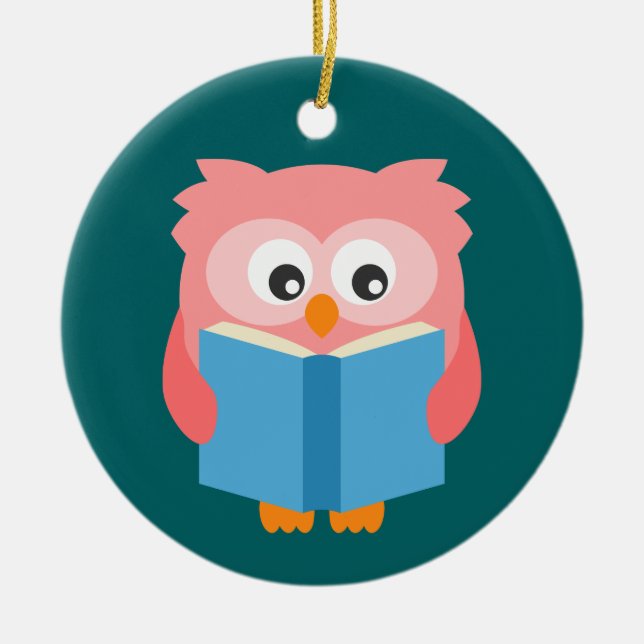 Pink cute reading owl ceramic tree decoration (Front)