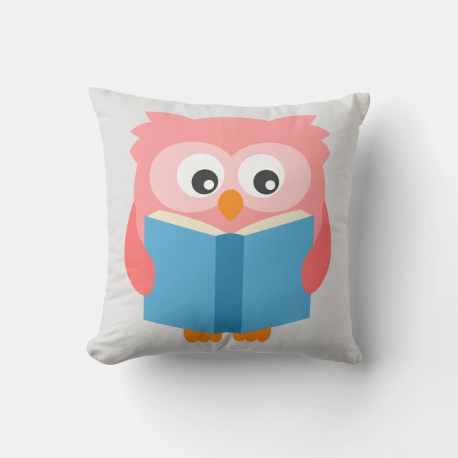 Pink cute reading owl cushion (Front)