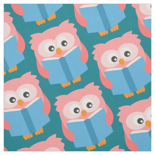 Pink cute reading owl fabric (Swatch)