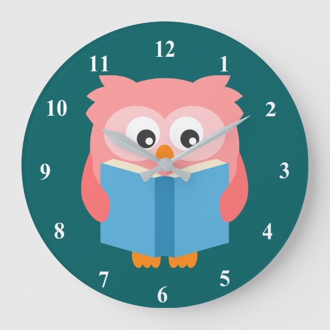 Pink cute reading owl large clock (Front)