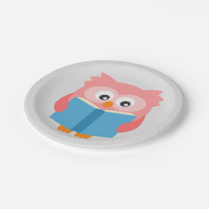 Pink cute reading owl paper plate