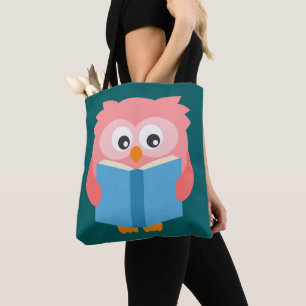 Pink cute reading owl tote bag