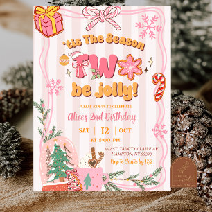 Pink Cute Retro Christmas Winter 2nd Birthday Invitation